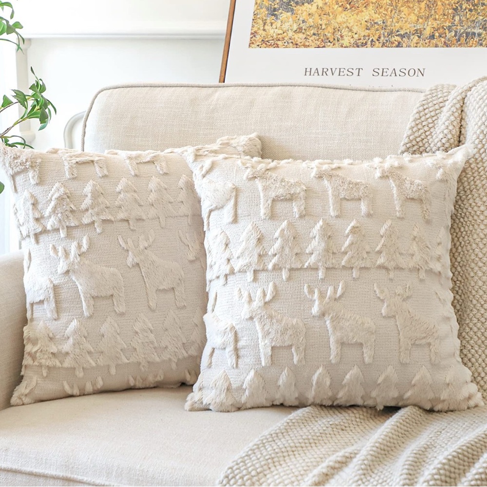 Elk & Christmas Tree Cream Textured Velvet Throw Pillow Covers